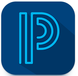 A blue icon with a stylized 'P' logo on a dark blue background.