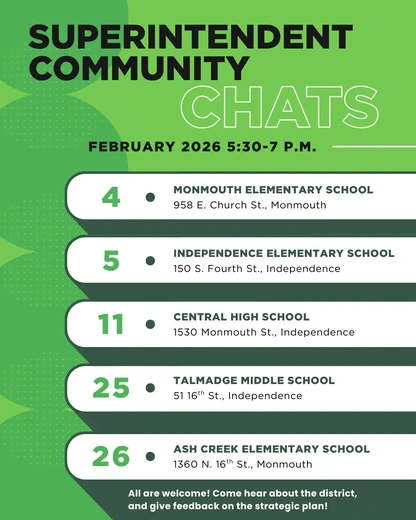 Green background with white boxes, each containing a date for a community chat coming up in February.