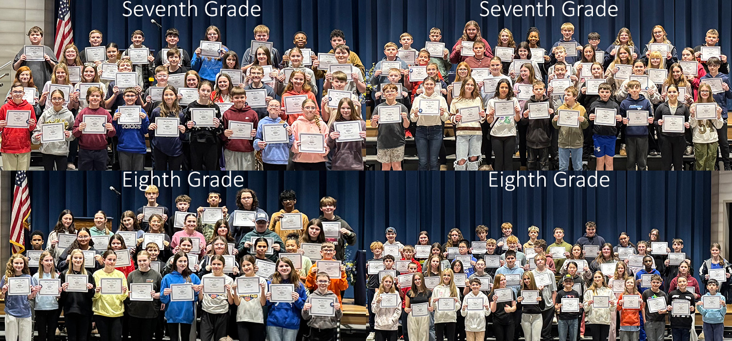 Students in Seventh Grade and Eighth Grade proudly hold certificates on stage.