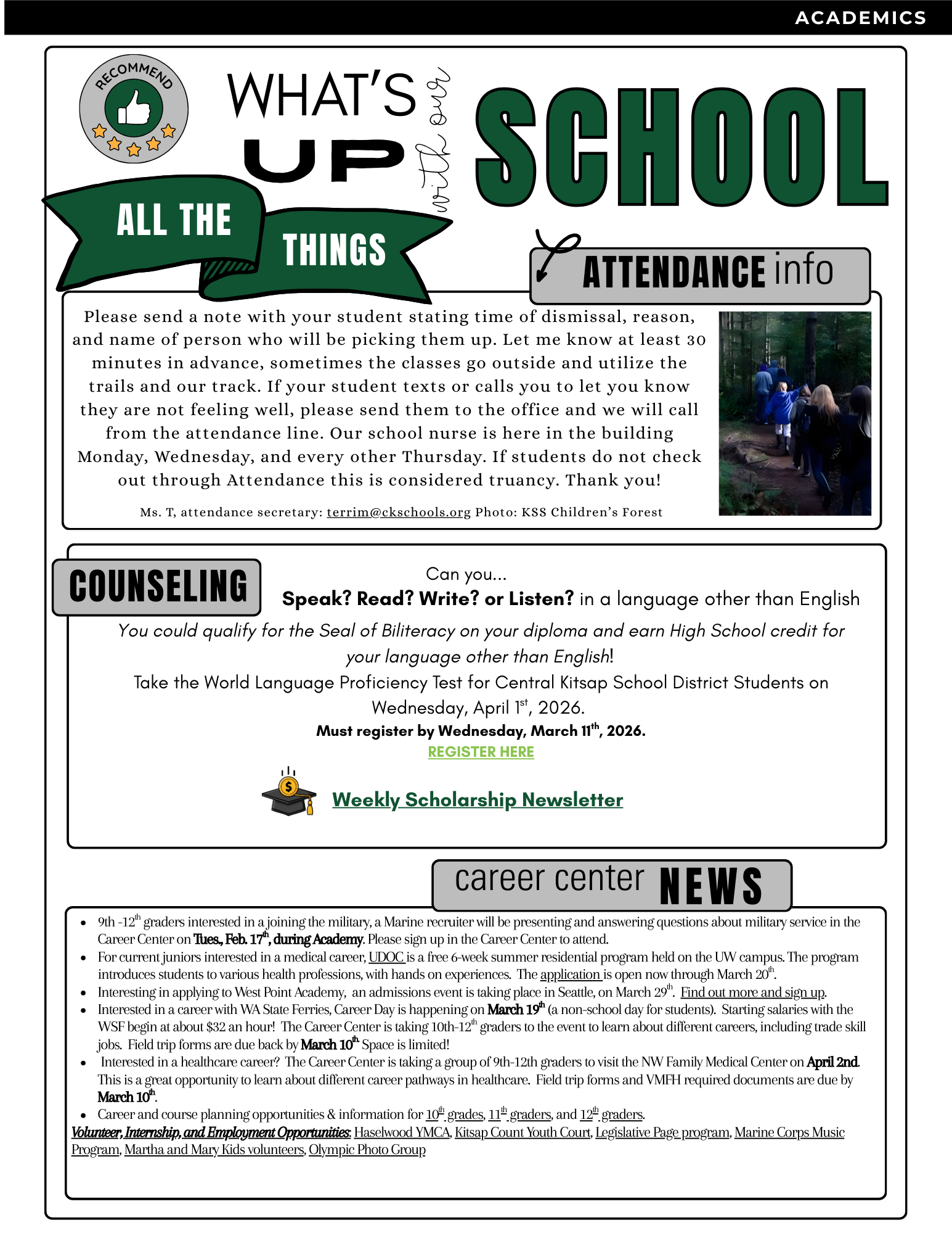 A flyer with sections on school attendance, counseling, and career center news, featuring graphics and text.