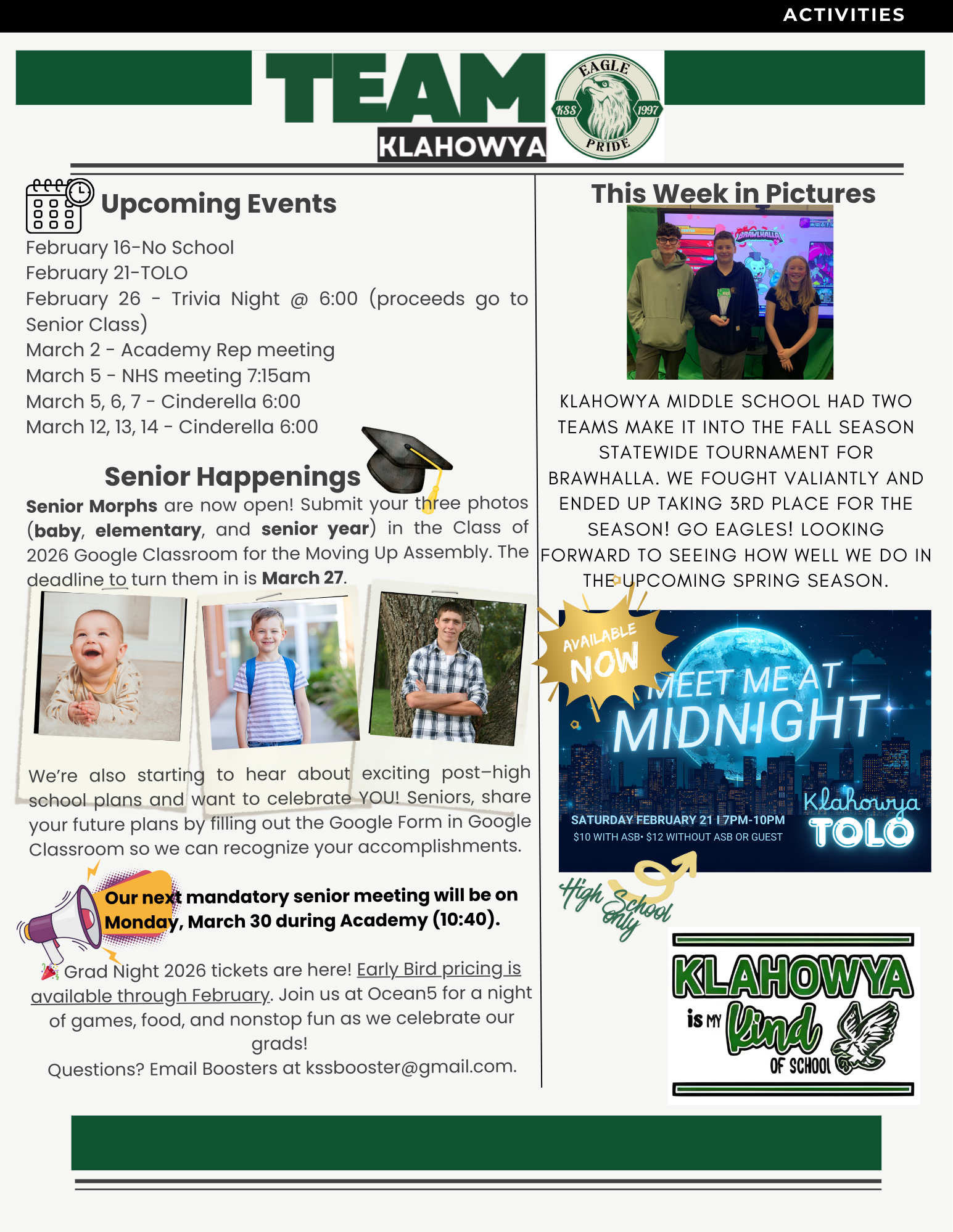 A newsletter page with sections for upcoming events, senior happenings, and 'This Week in Pictures'.
