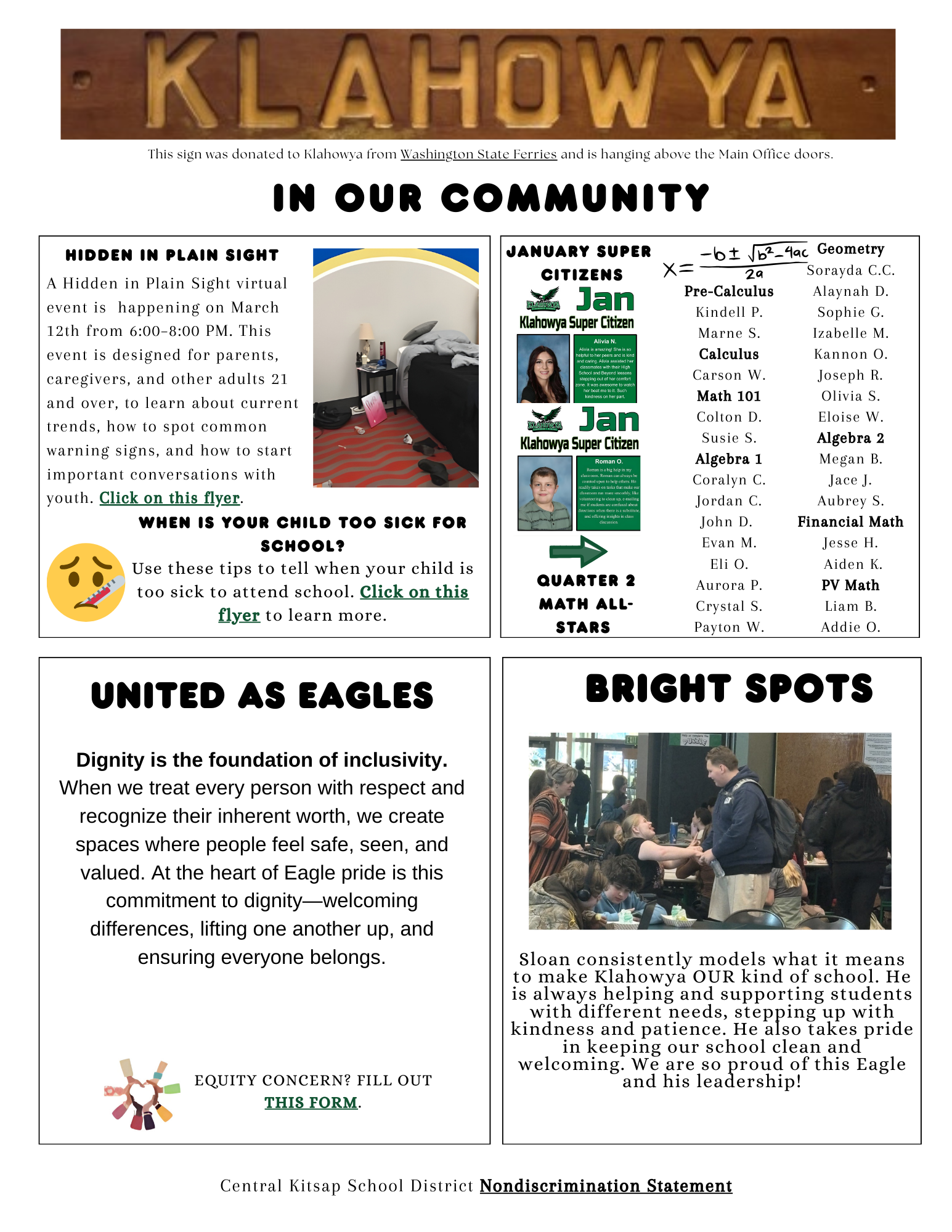 A newsletter page with sections titled 'In Our Community', 'Hidden in Plain Sight', 'January Super Citizens', 'United as Eagles', and 'Bright Spots'.