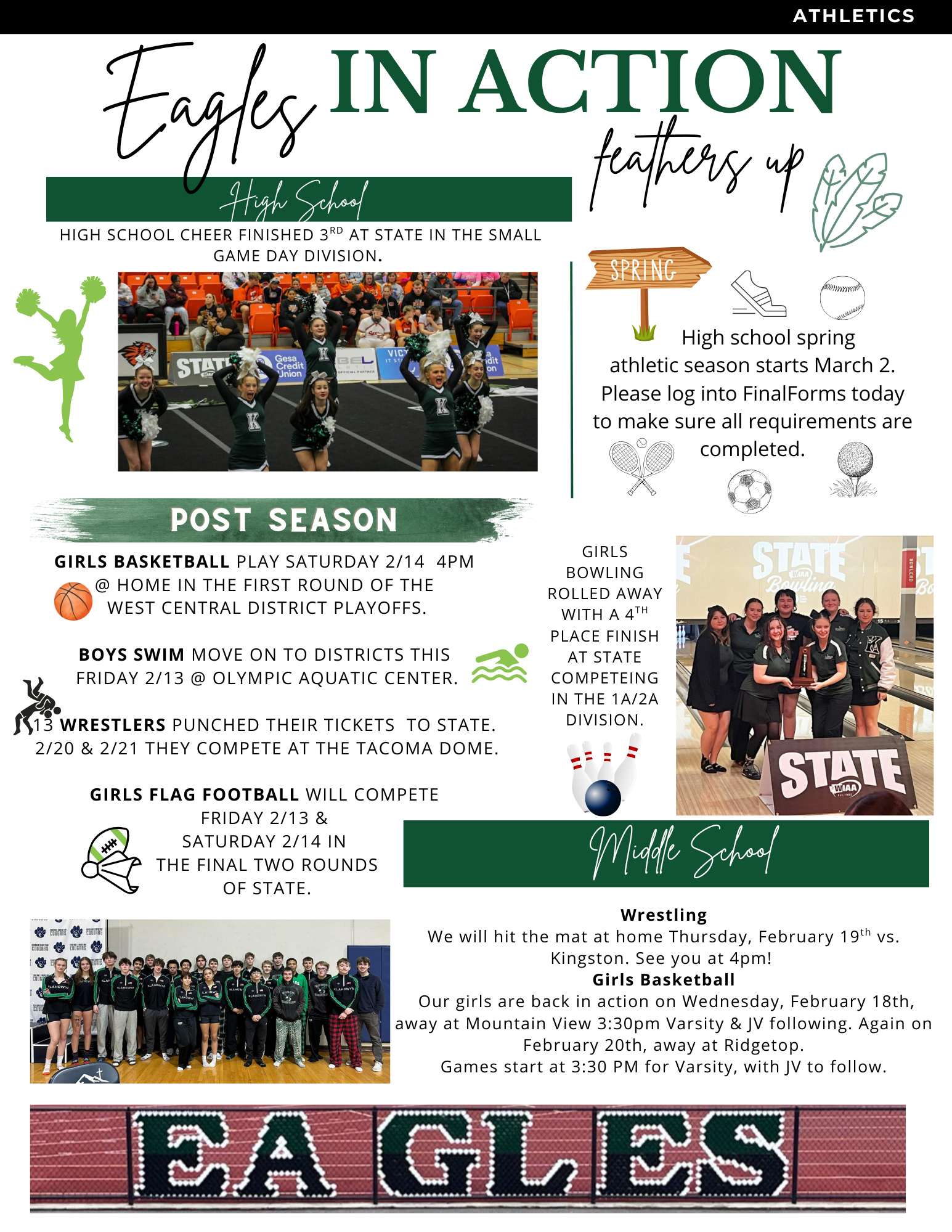 High school cheerleaders in green uniforms perform with pom-poms, celebrating a 3rd place finish at state.