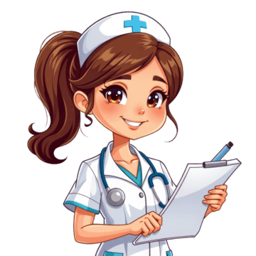 A cartoon nurse with brown hair in a ponytail wears a white uniform and a blue-trimmed cap, holding a clipboard and pen.