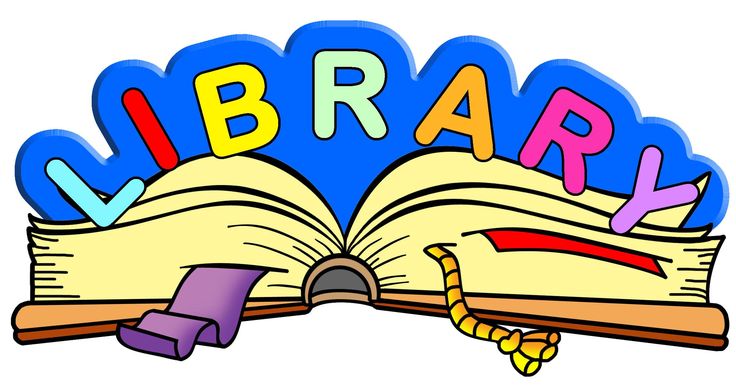 An open book with colorful letters spelling 'LIBRARY' above it.