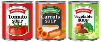 Three cans of organic soup: Tomato, Carrots, and Vegetable.