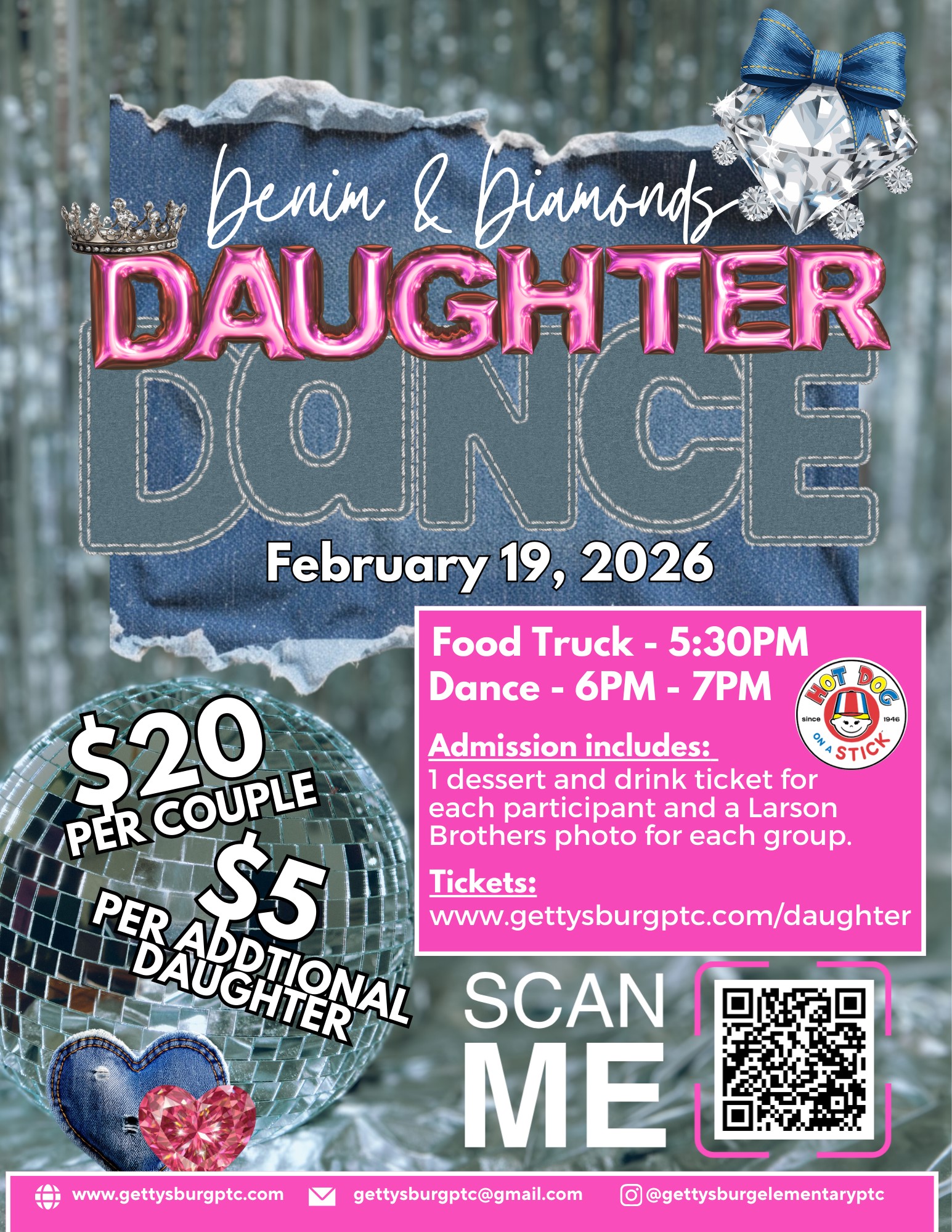 Poster for the 'Denim & Diamonds Daughter Dance' on February 19, 2026, featuring a disco ball and diamond.