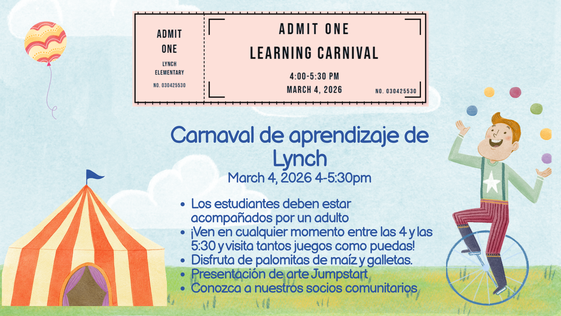 A flyer announces the 'Learning Carnival' at Lynch Elementary on March 4, 2026, from 4:00-5:30 PM.