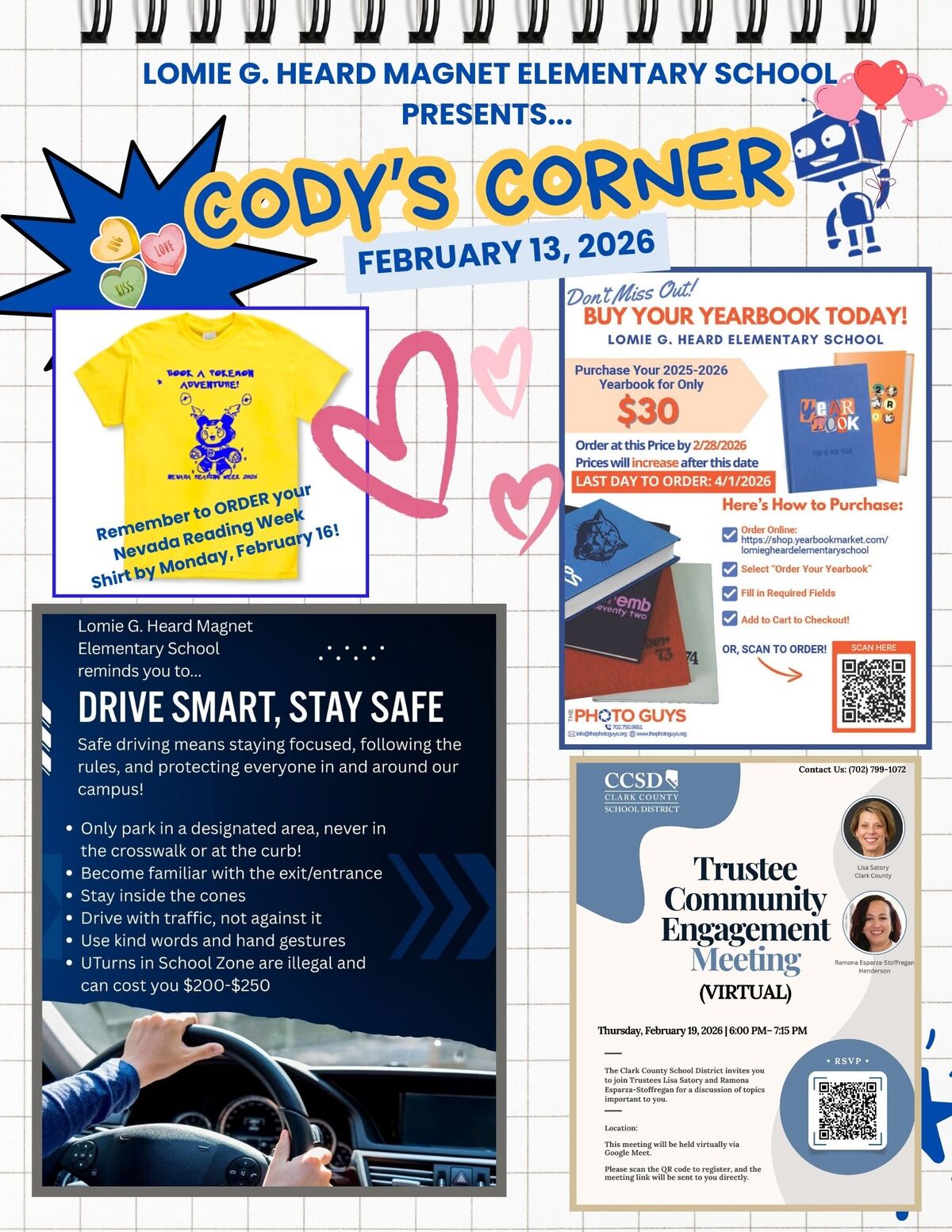 A flyer for Lomie G. Heard Magnet Elementary School announcing "Cody's Corner" on February 13, 2026, featuring yearbook sales and safety reminders.