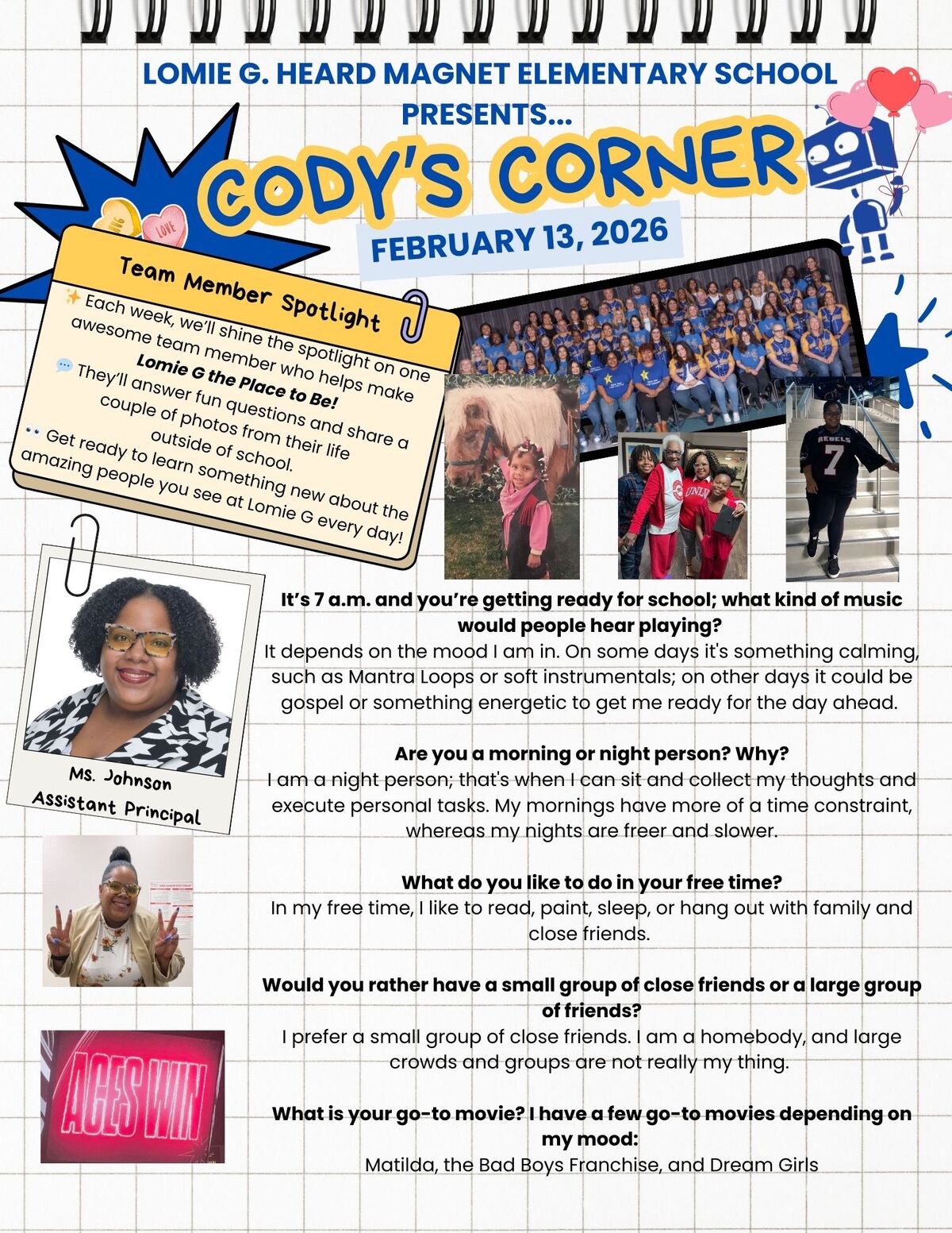 Lomie G. Heard Magnet Elementary School presents 'Cody's Corner' dated February 13, 2026, featuring a team member spotlight.