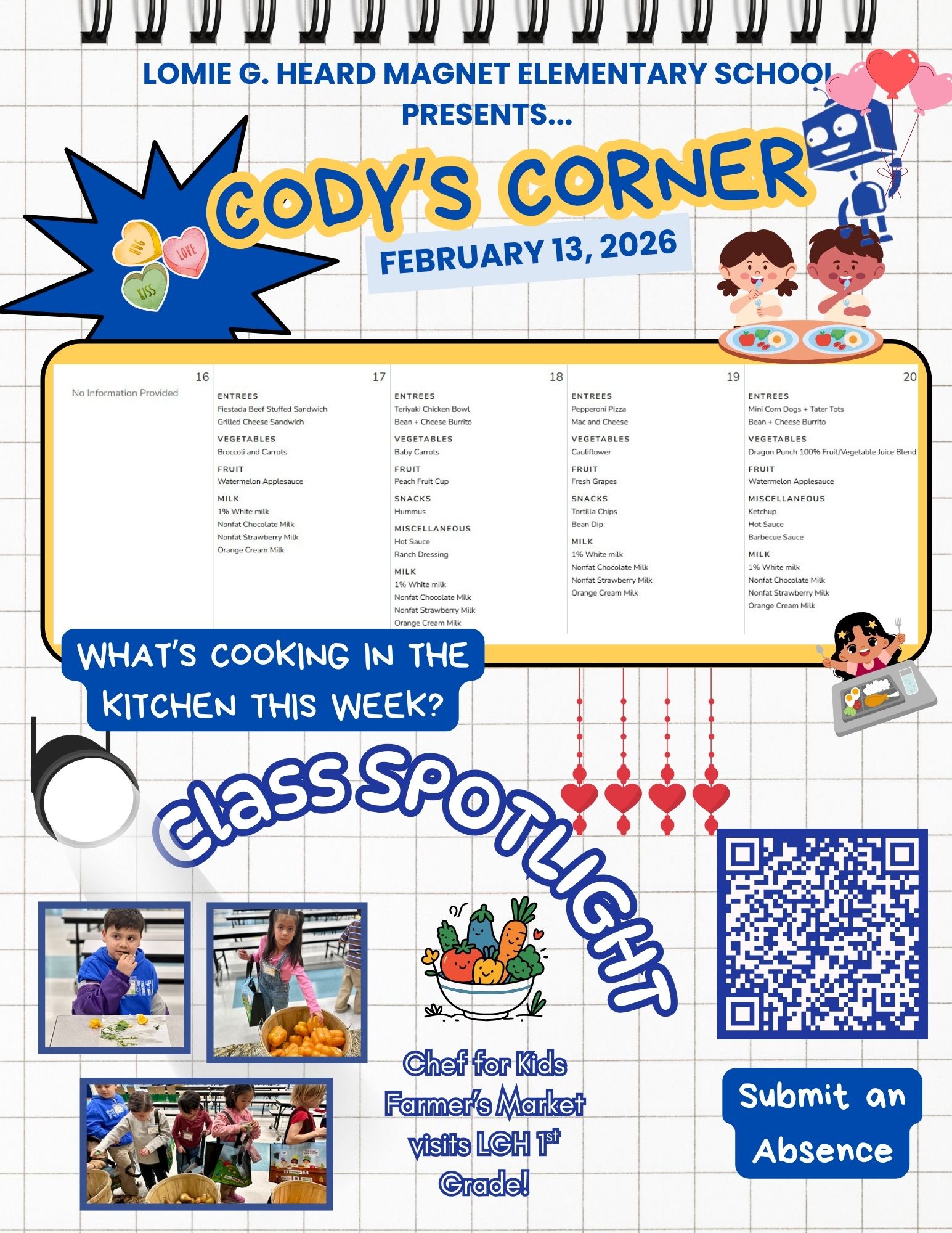 Lomie G. Heard Magnet Elementary School presents Cody's Corner menu for February 13, 2026, featuring various meal options.