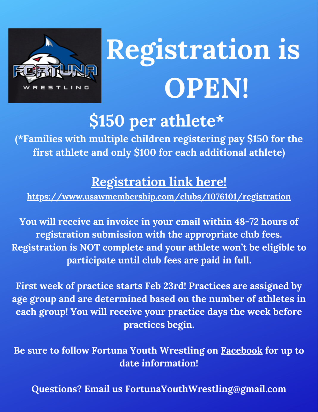 Fortuna Youth Wrestling registration is open with a fee of $150 per athlete.