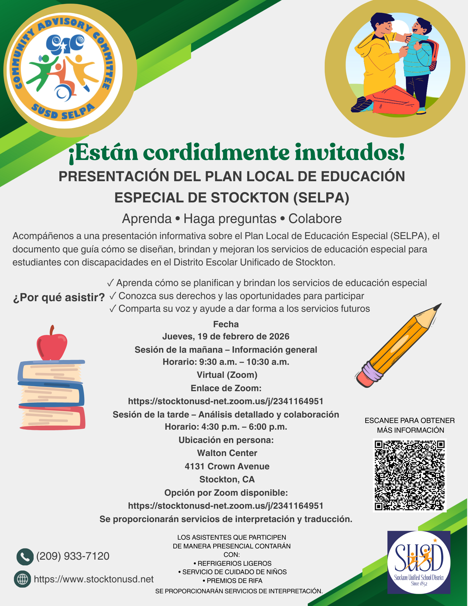 Invitation to a presentation on Stockton's Local Special Education Plan (SELPA) by SUSD SELPA.