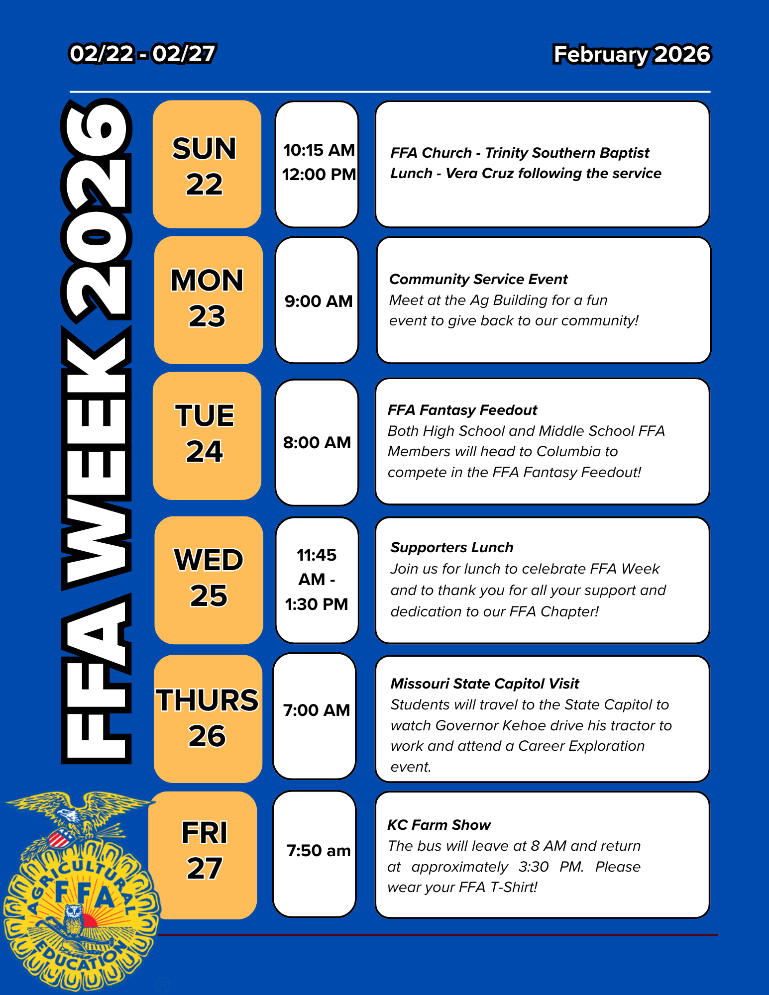 FFA Week 2026 calendar from February 22-27, detailing daily events and times.