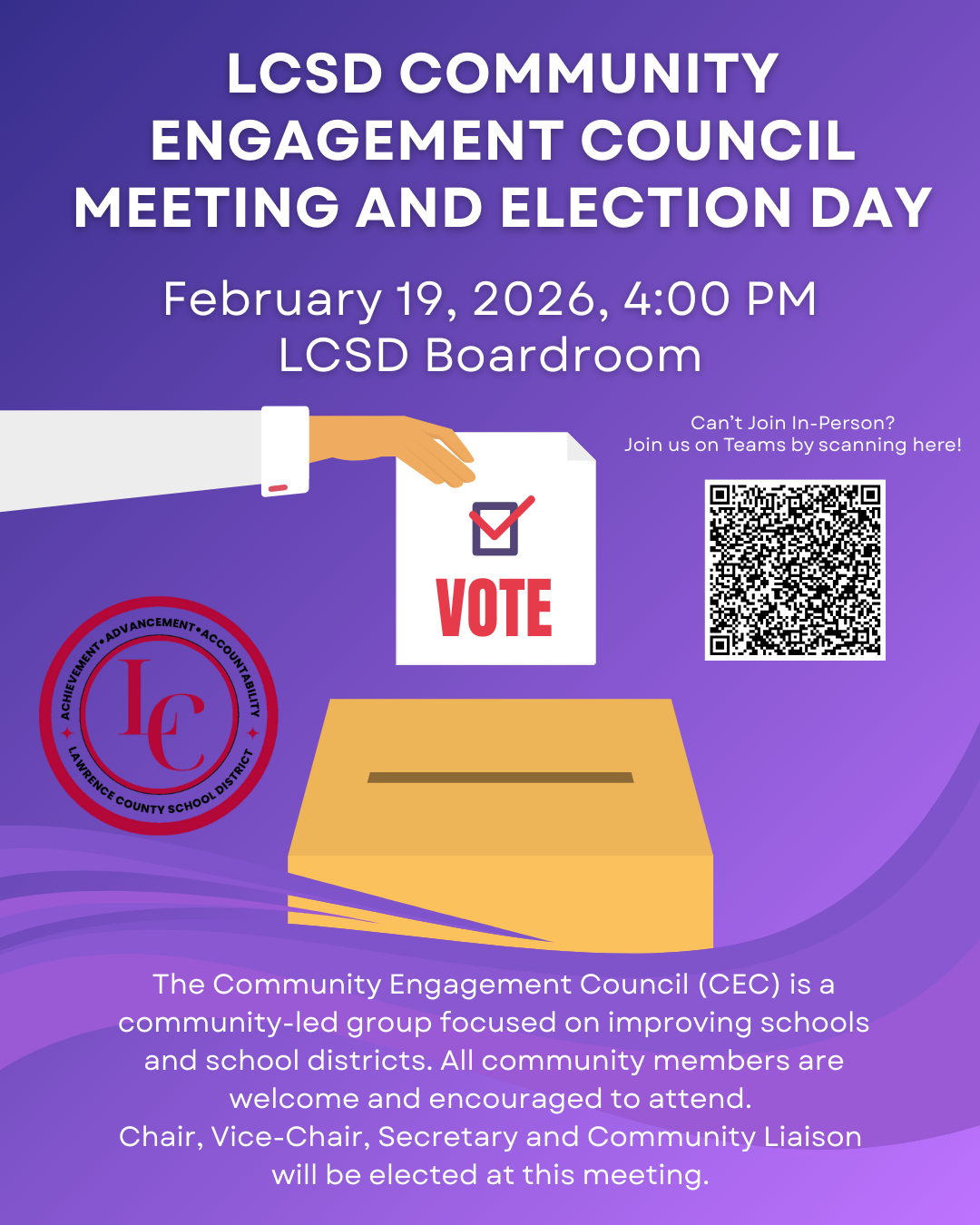 Poster for LCSD Community Engagement Council Meeting and Election Day on February 19, 2026.