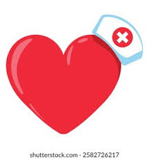 A bright red heart wears a nurse's cap with a red cross symbol.