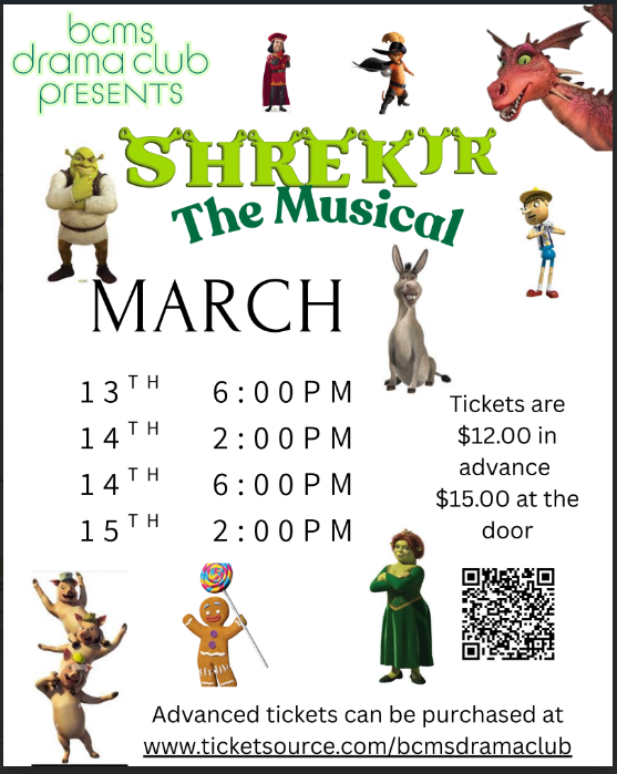 Poster for 'Shrek Jr. The Musical' presented by the BCMS Drama Club, featuring show dates and times in March.
