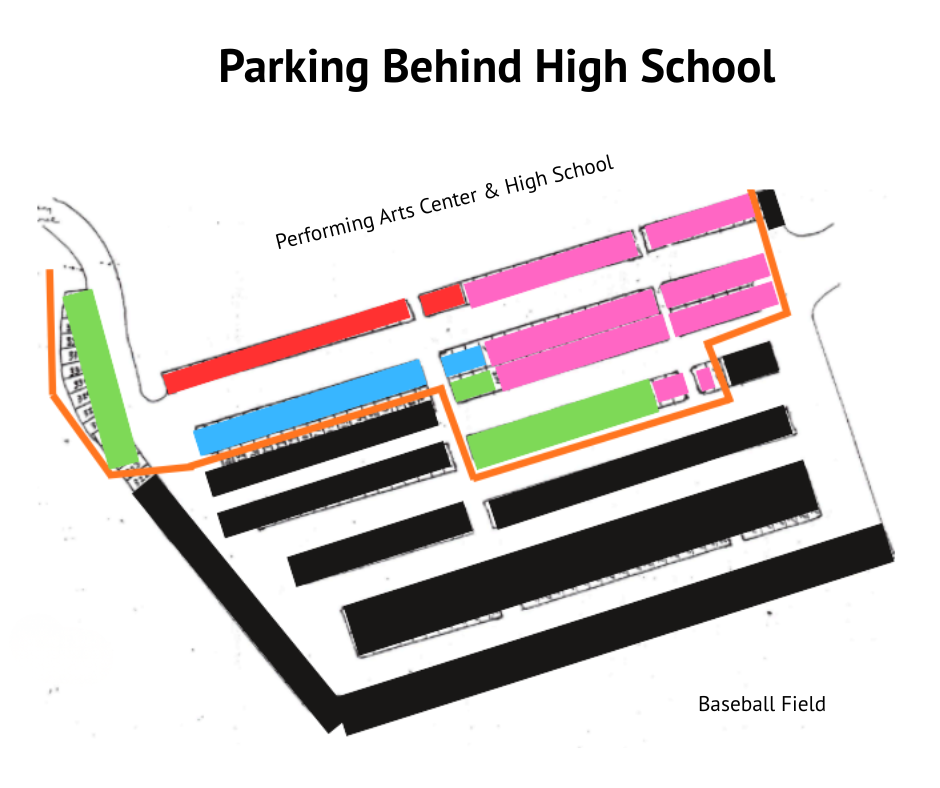 Diagram showing parking areas behind a high school, labeled with colors and text.
