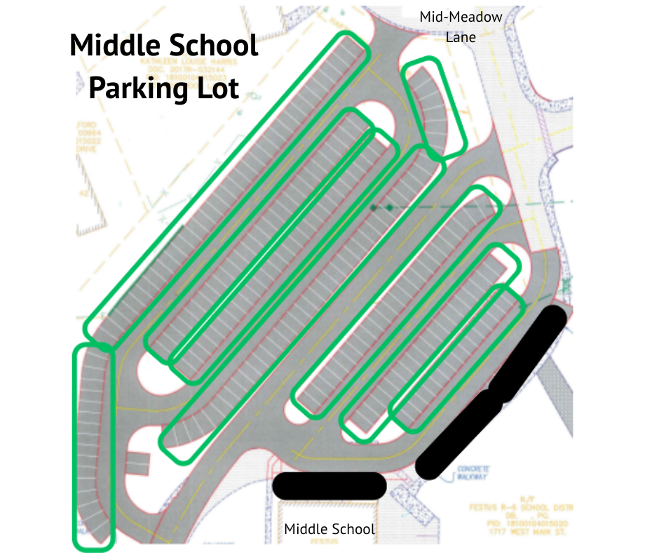 A blueprint shows the layout of a Middle School parking lot with green outlines highlighting parking spaces.