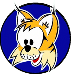 A cartoon bobcat mascot with orange fur and black stripes on a blue circular background.