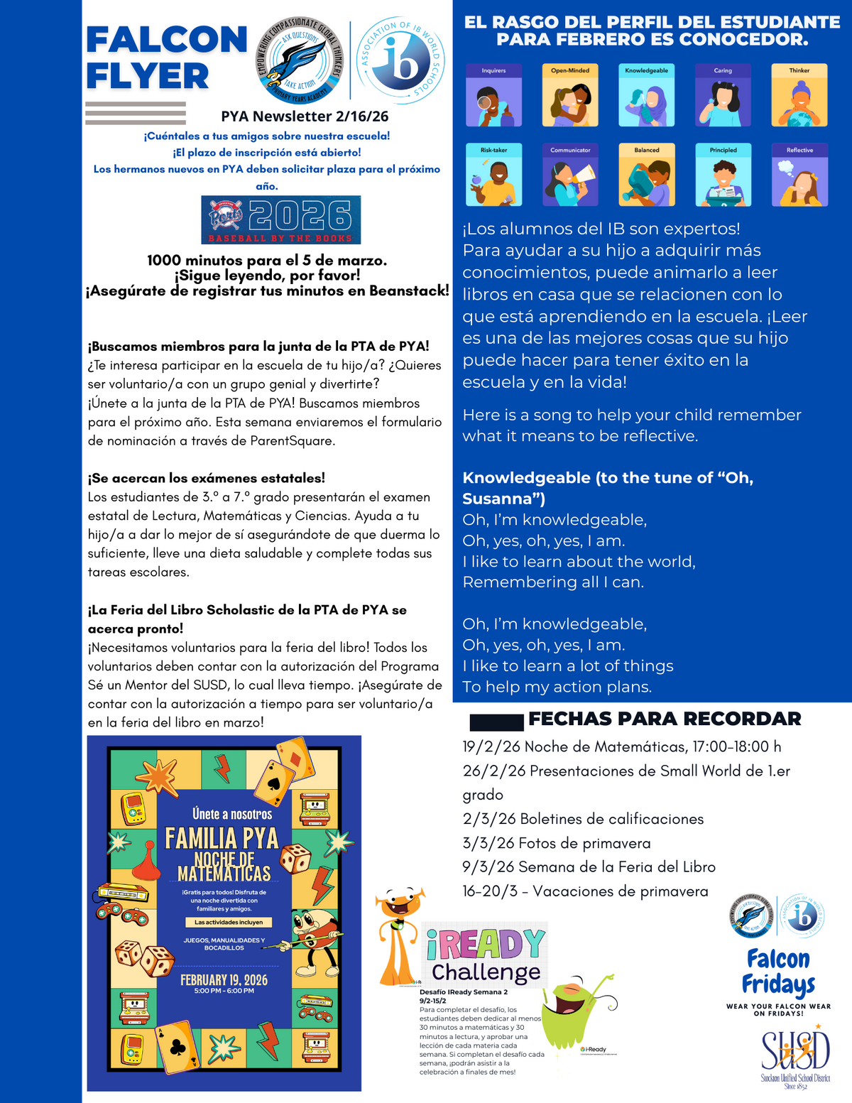 A flyer for PYA Newsletter dated 2/16/26, featuring school events, PTA information, and student profile traits.