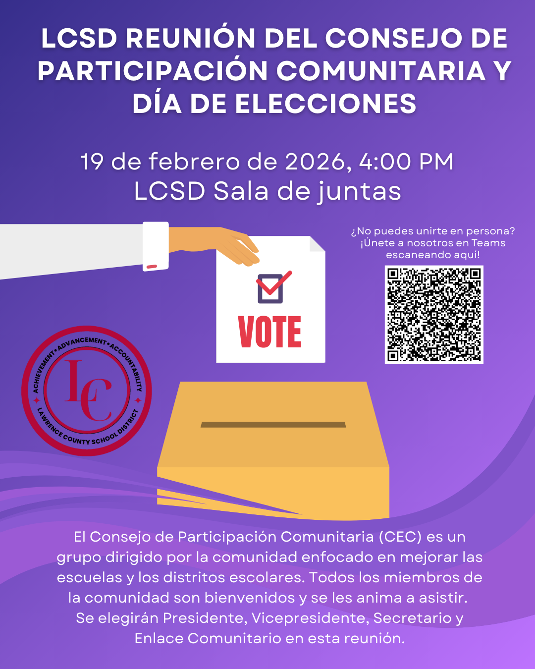 Poster announcing an LCSD Community Participation Council meeting and election day on February 19, 2026, at 4:00 PM.