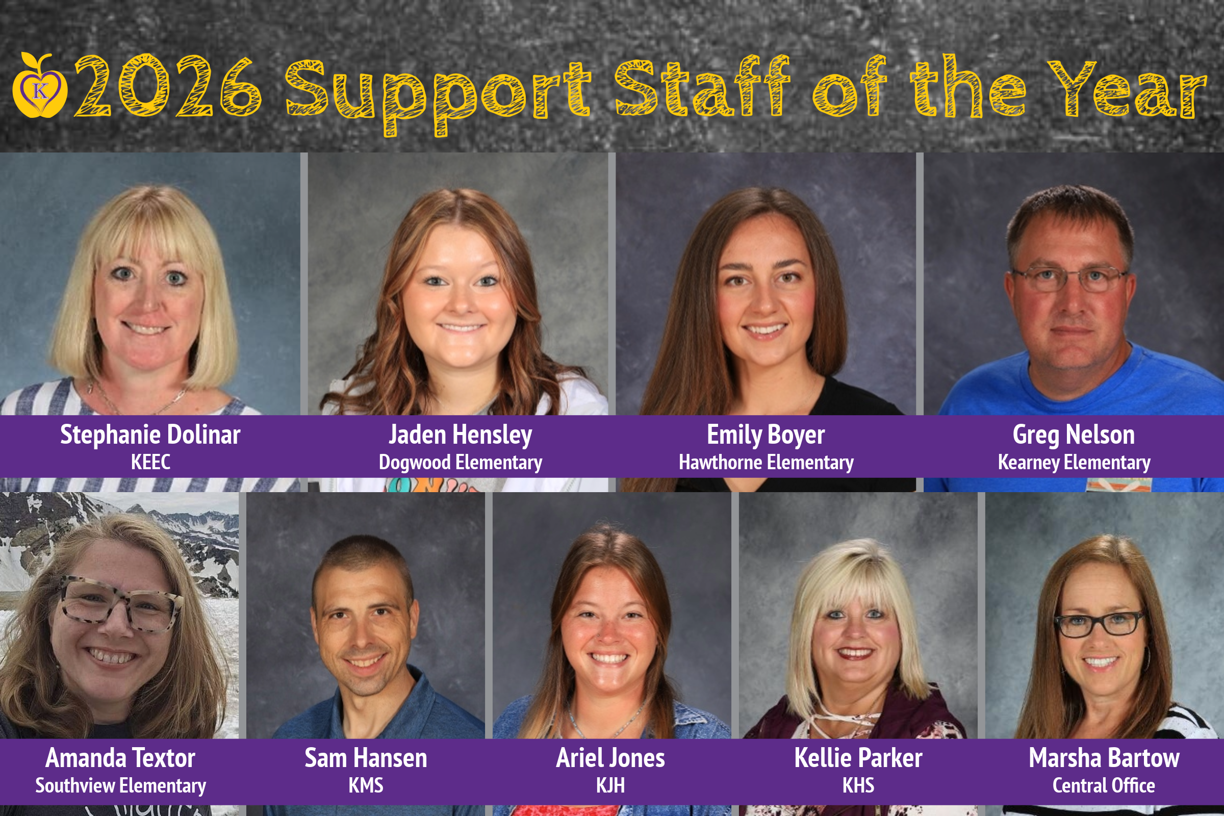 A collage of seven smiling individuals, identified as the '2026 Support Staff of the Year', with their names and affiliations listed below.