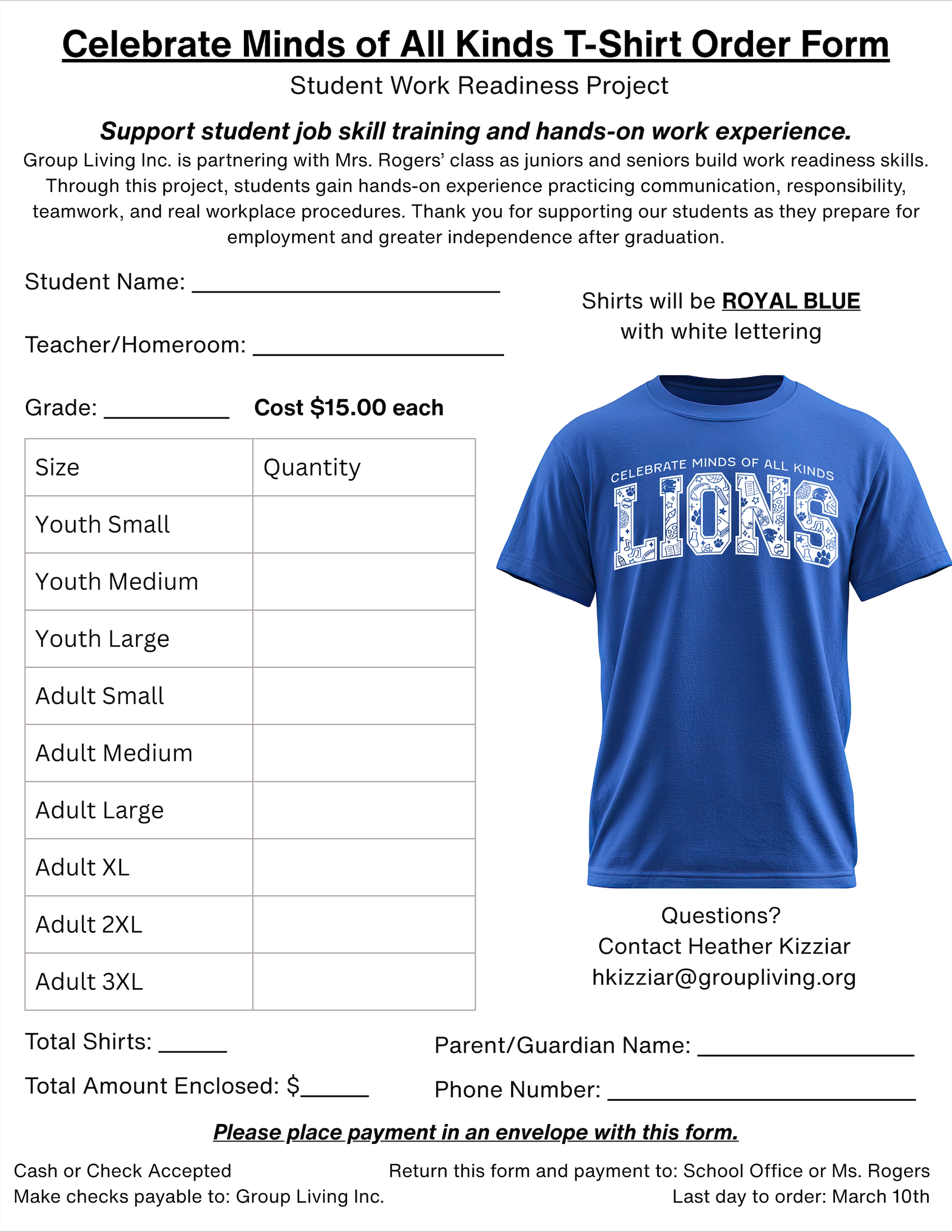 A t-shirt order form for the 'Celebrate Minds of All Kinds' project, featuring a royal blue t-shirt with white lettering.
