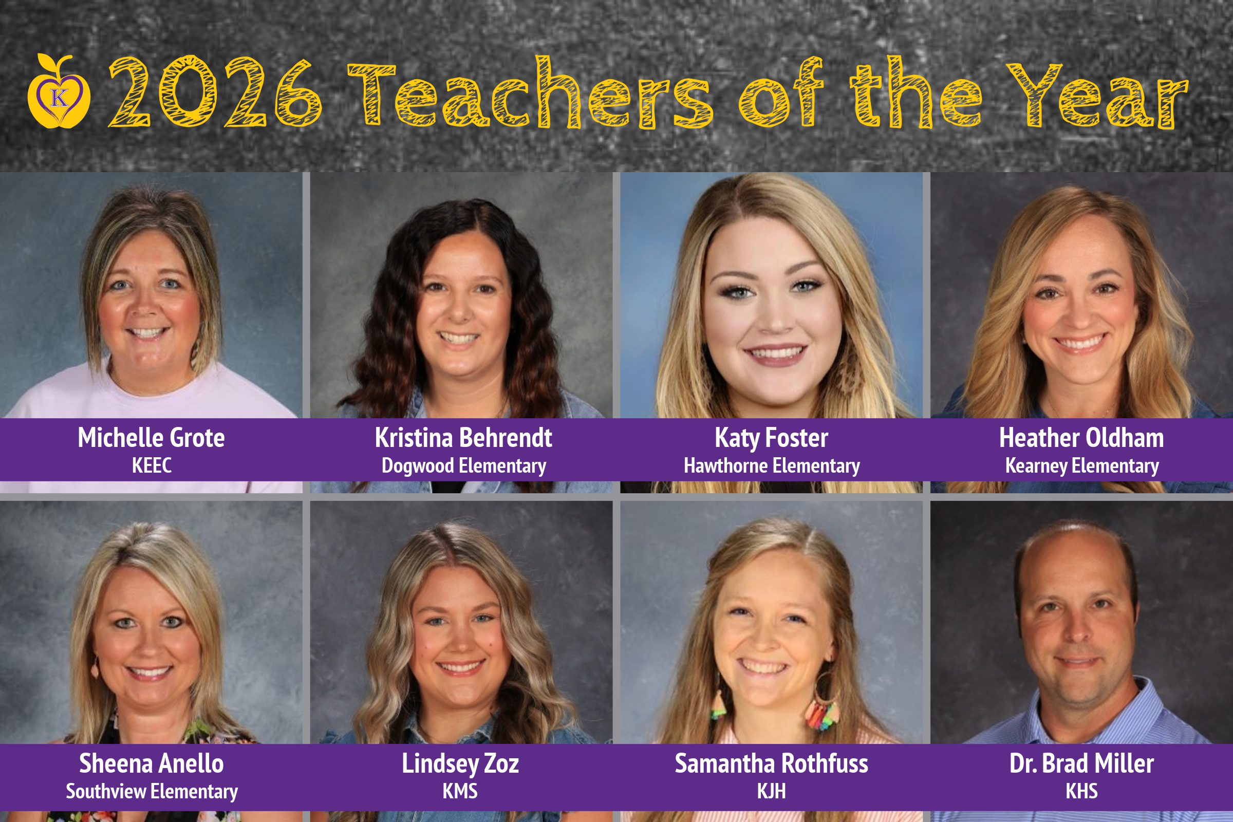 Eight teachers are honored as '2026 Teachers of the Year', with their names and schools listed below their portraits.