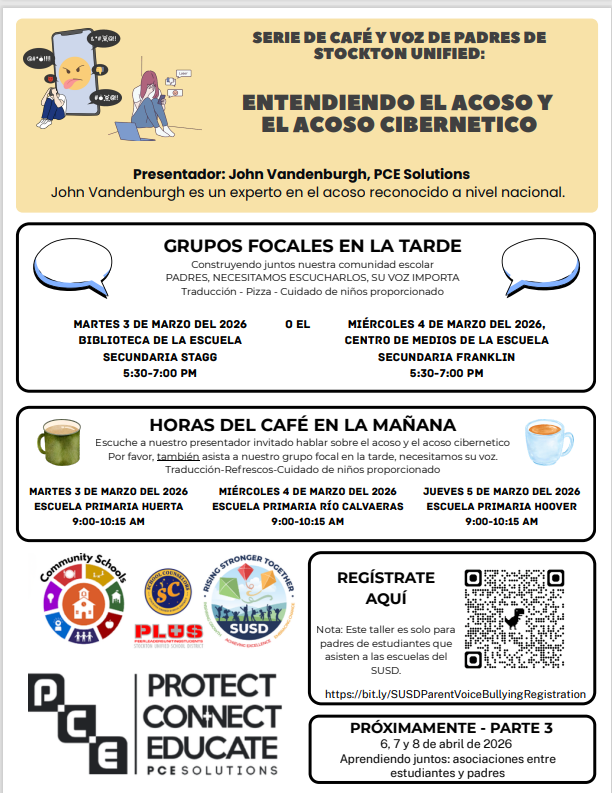 Poster for Stockton Unified's "Coffee & Parent Voice" series on understanding bullying and cyberbullying, featuring John Vandenburgh.