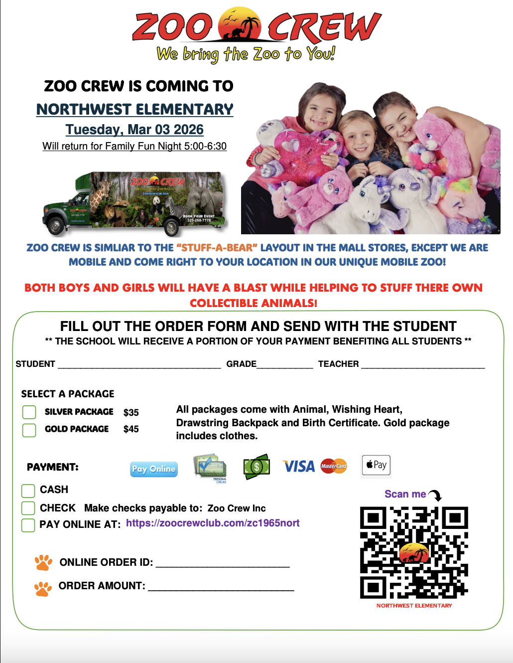 Flyer announcing Zoo Crew coming to Northwest Elementary on Tuesday, March 03, 2026, for Family Fun Night.