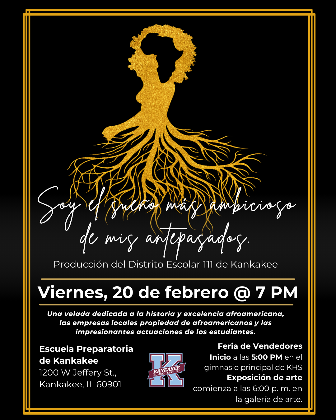 A poster announces an event celebrating Afro-American history and excellence, featuring student performances.