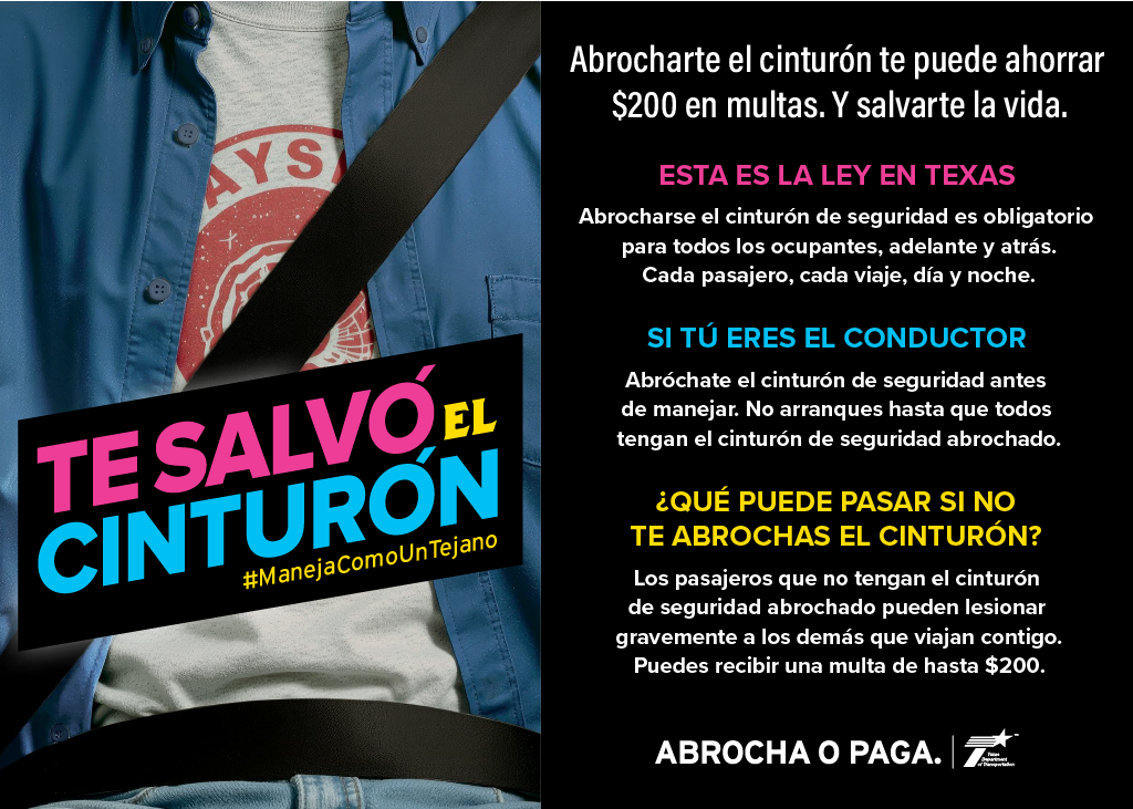 A person wearing a seatbelt with a graphic overlay that reads 'TE SALVÓ EL CINTURÓN' in Spanish.