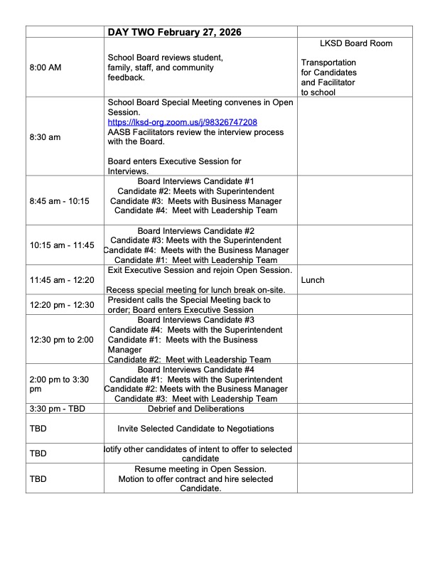 A schedule for Day Two, February 27, 2026, detailing board meetings, candidate interviews, and debrief sessions.