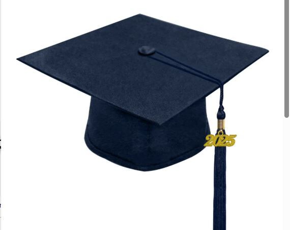 A navy blue graduation cap with a gold tassel and the year 2025.