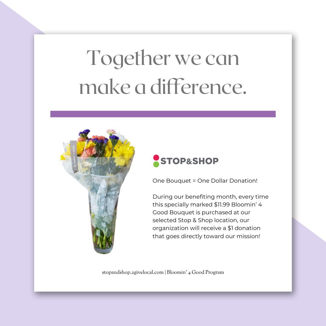 A bouquet of colorful flowers is displayed next to the Stop & Shop logo, promoting a donation program.