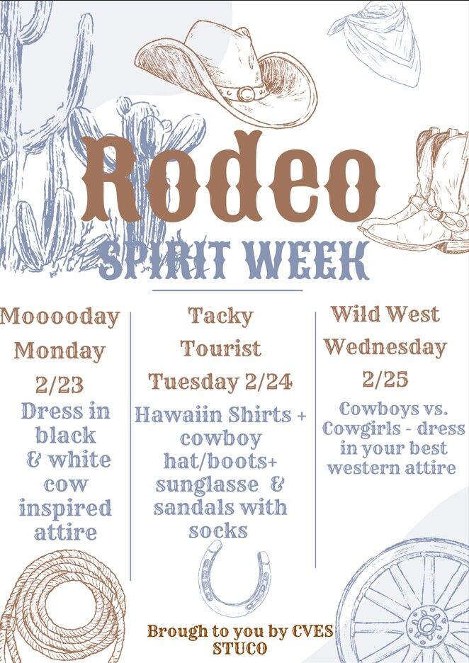 Poster announcing Rodeo Spirit Week with daily themes and dates.