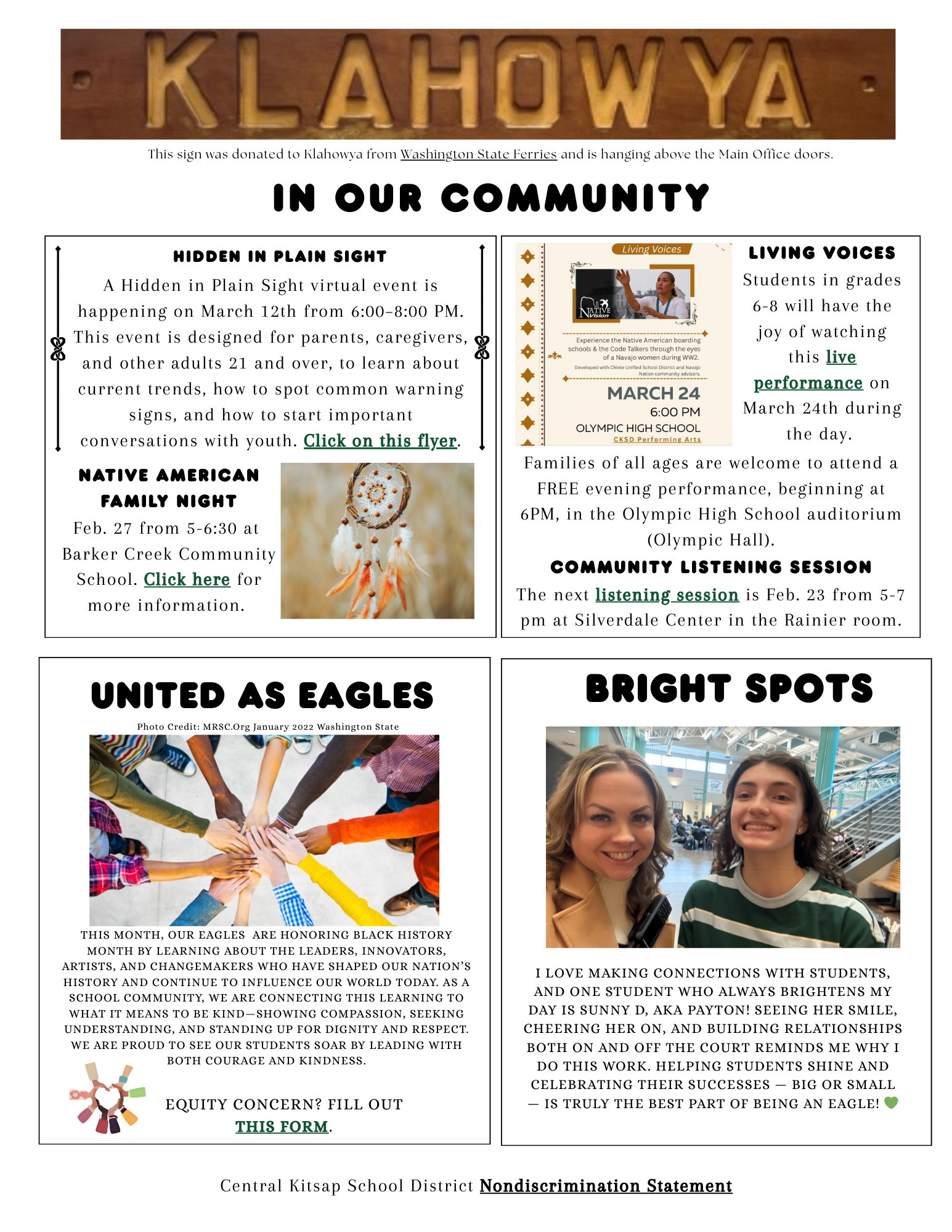 A newsletter titled 'In Our Community' features announcements about events like 'Hidden in Plain Sight' and 'Native American Family Night'.