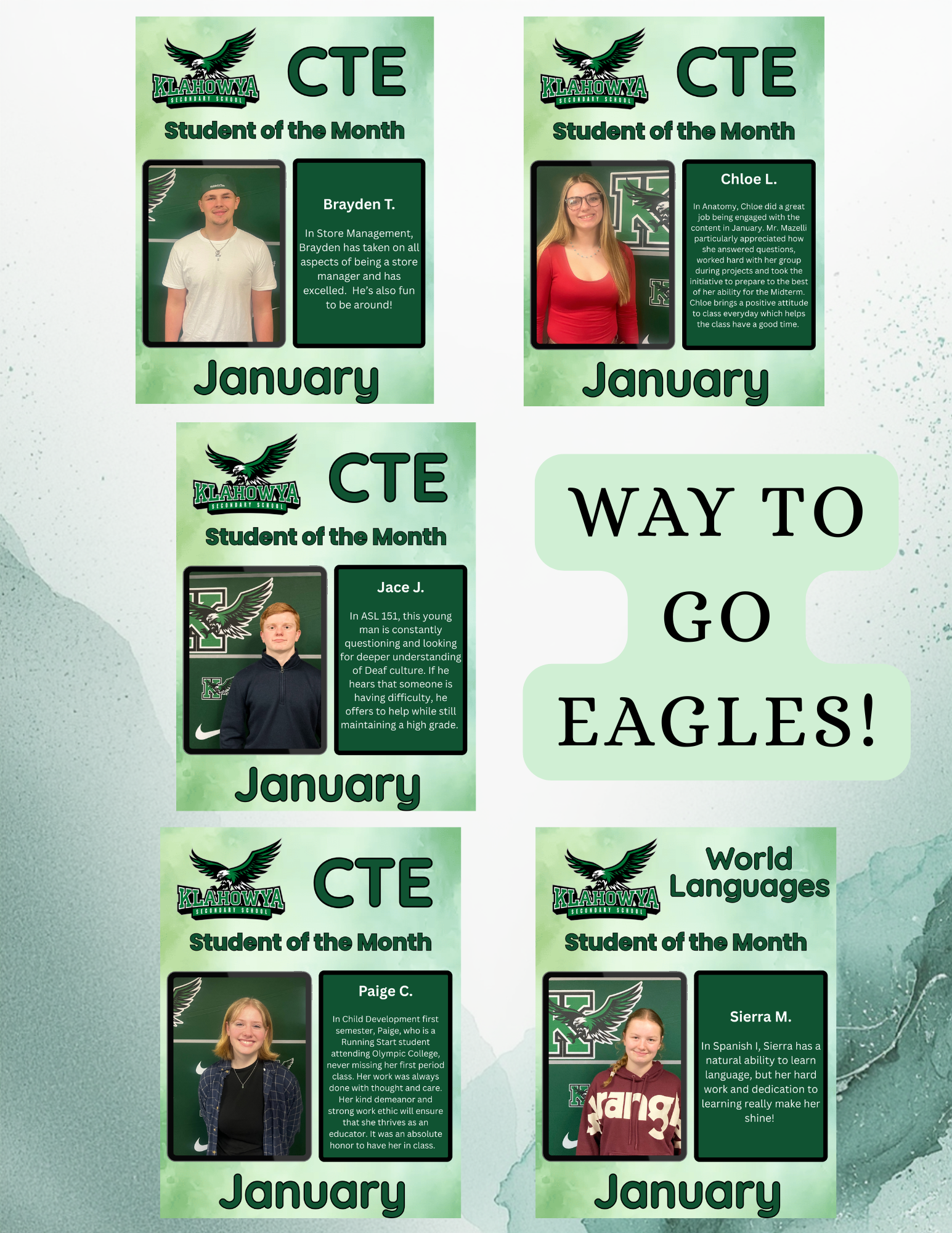 Klahowya Secondary School CTE Students of the Month for January: Brayden T., Chloe L., Jace J., Paige C., and Sierra M.