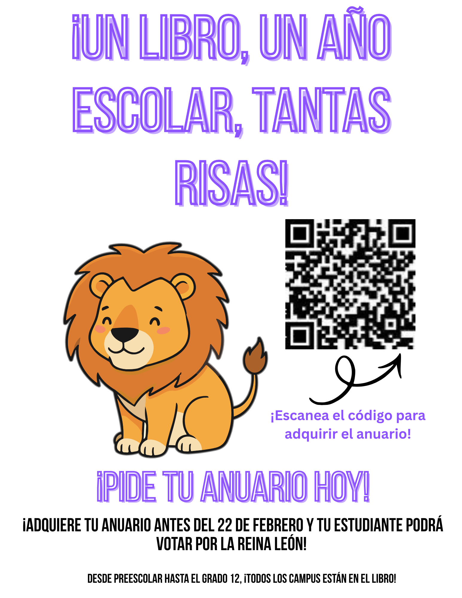 A cartoon lion sits next to a QR code, promoting the purchase of a school yearbook.