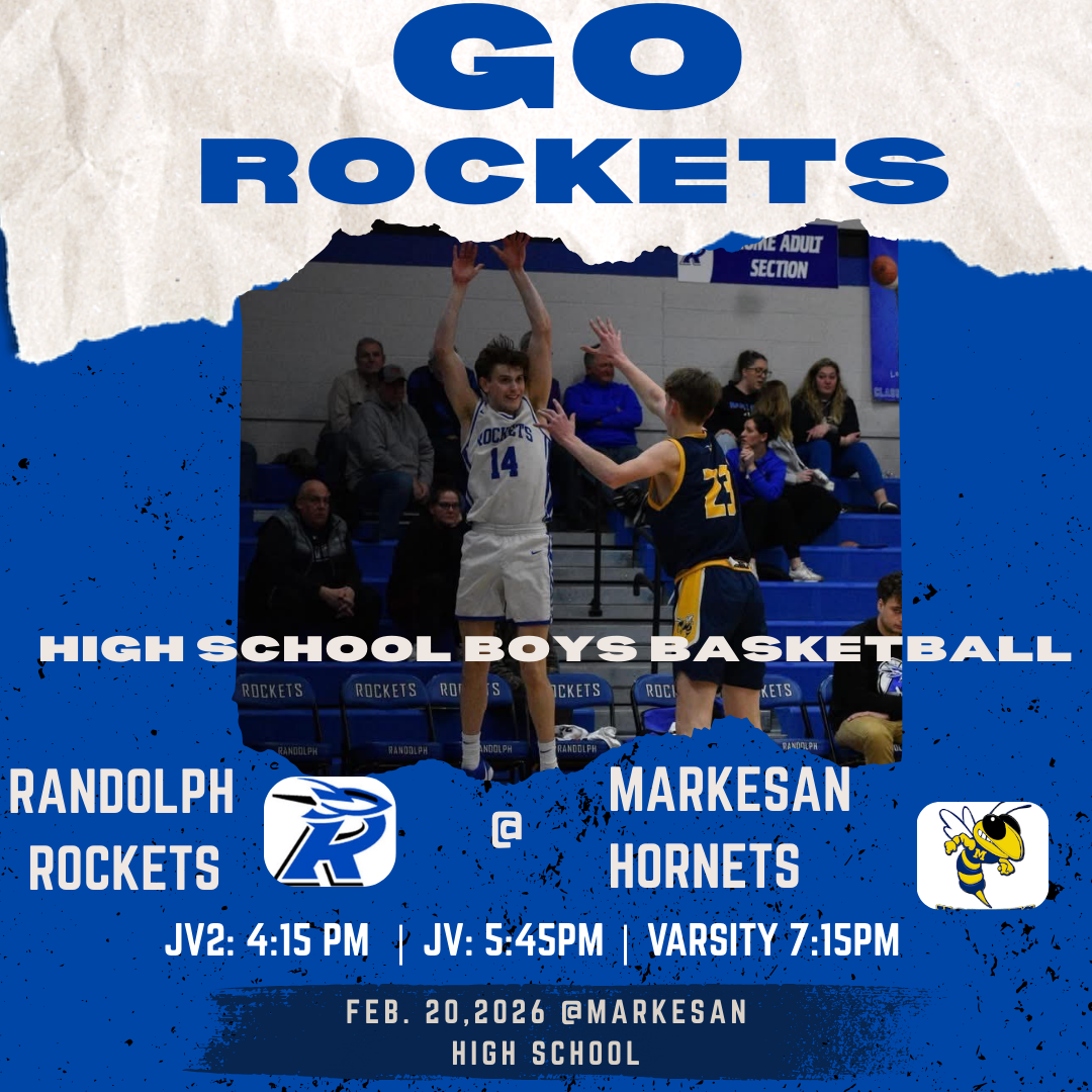 High school boys basketball game poster for Randolph Rockets vs. Markesan Hornets.
