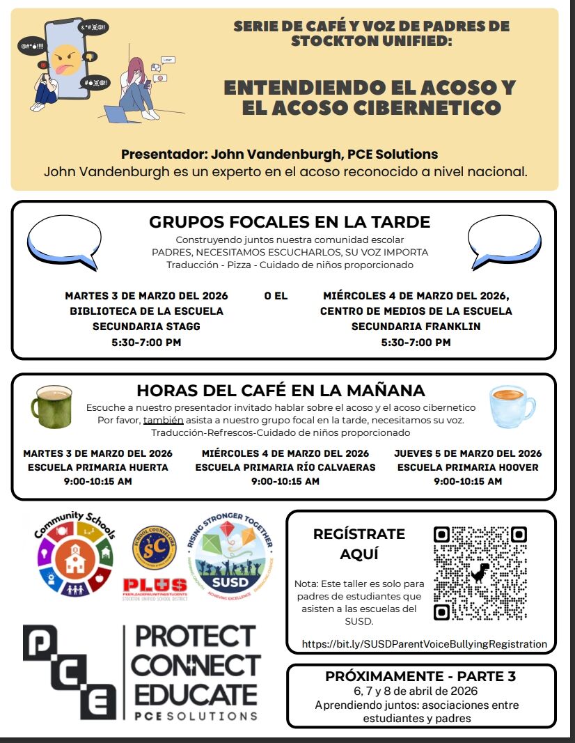 Poster for a series titled 'Café y Voz de Padres de Stockton Unified' discussing cyberbullying, featuring dates, times, and locations for workshops and focus groups.