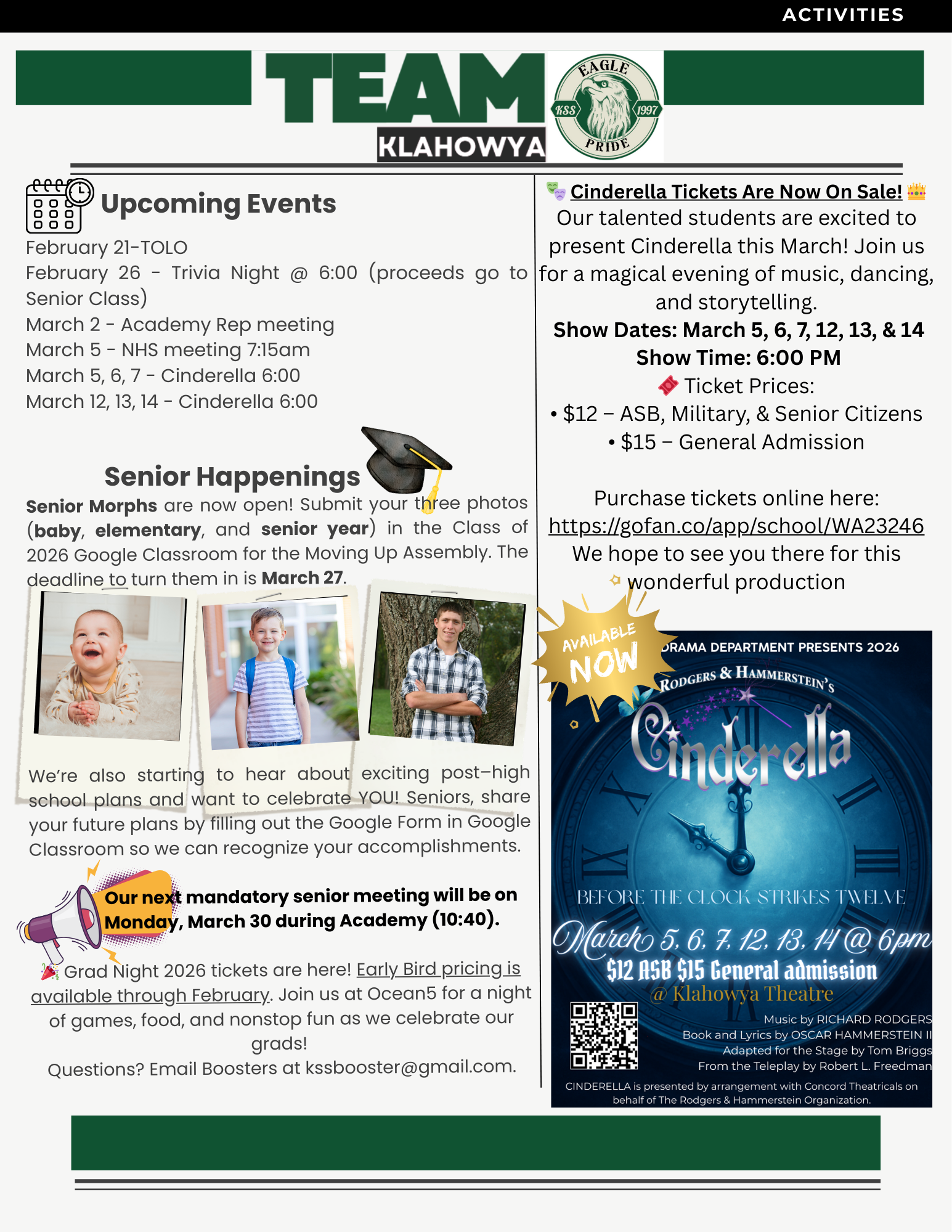 A flyer announces upcoming events and the school's production of Cinderella, featuring ticket information and show dates.