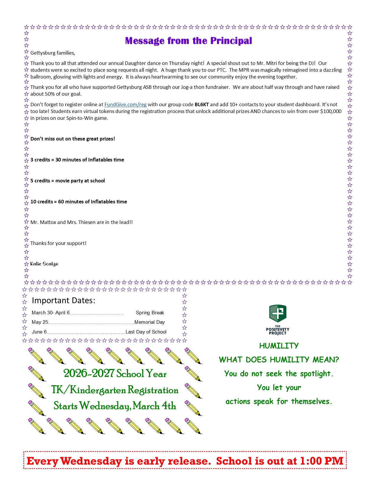 A school newsletter titled 'Message from the Principal' with important dates and registration information.
