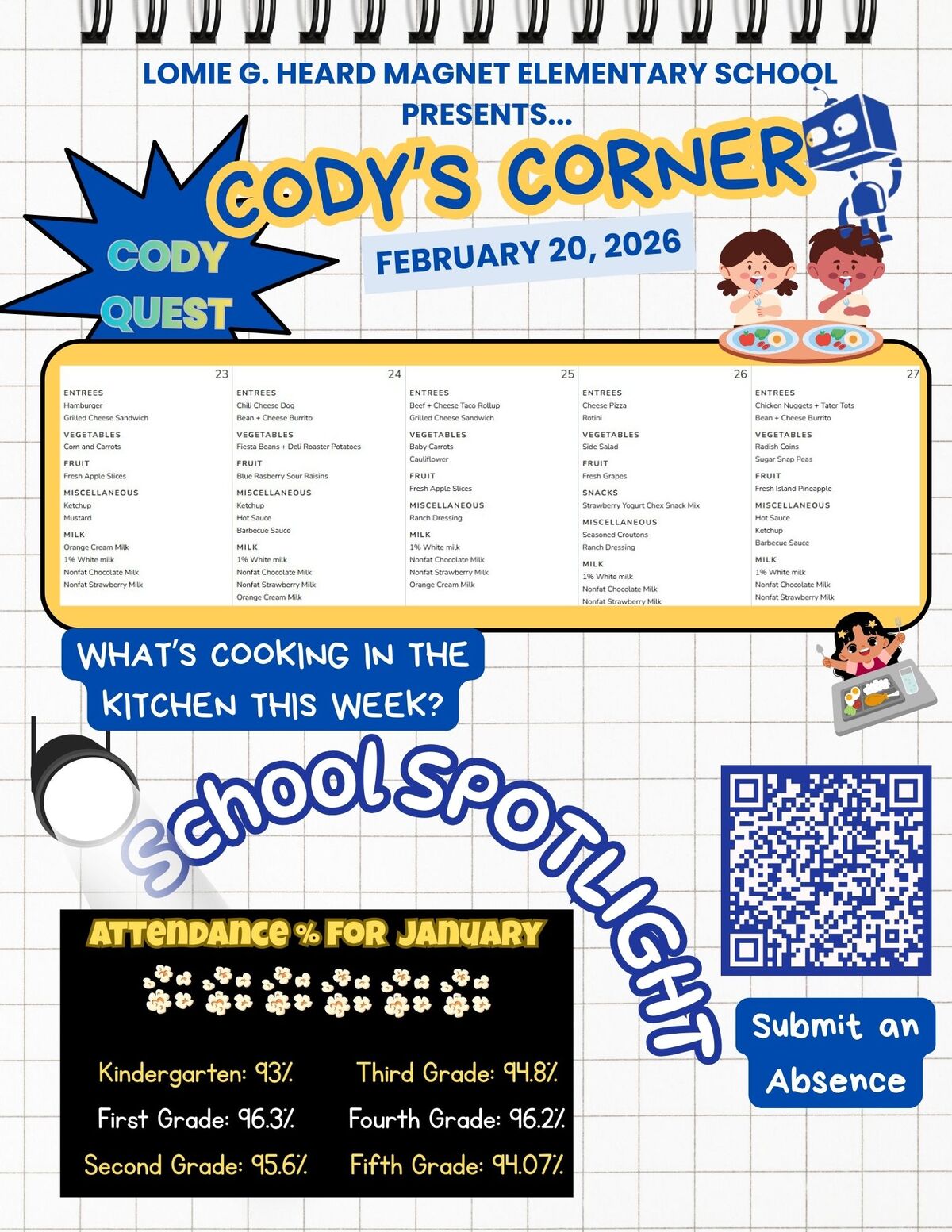 Lomie G. Heard Magnet Elementary School presents Cody's Corner, a weekly menu for February 20, 2026, featuring daily meal options.