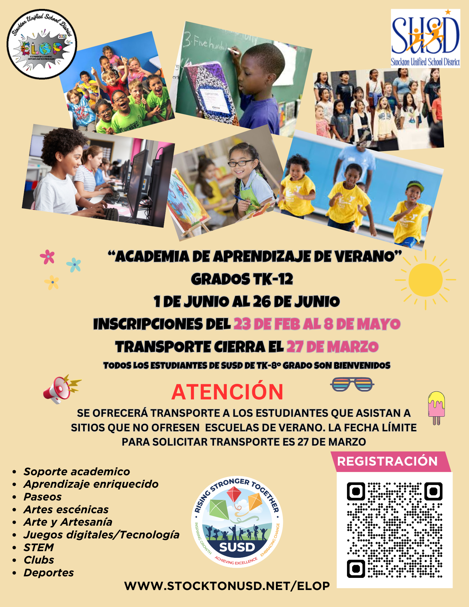 Poster for Stockton Unified School District's "Academia de Aprendizaje de Verano" (Summer Learning Academy) for grades TK-12, featuring images of diverse students engaged in various activities.