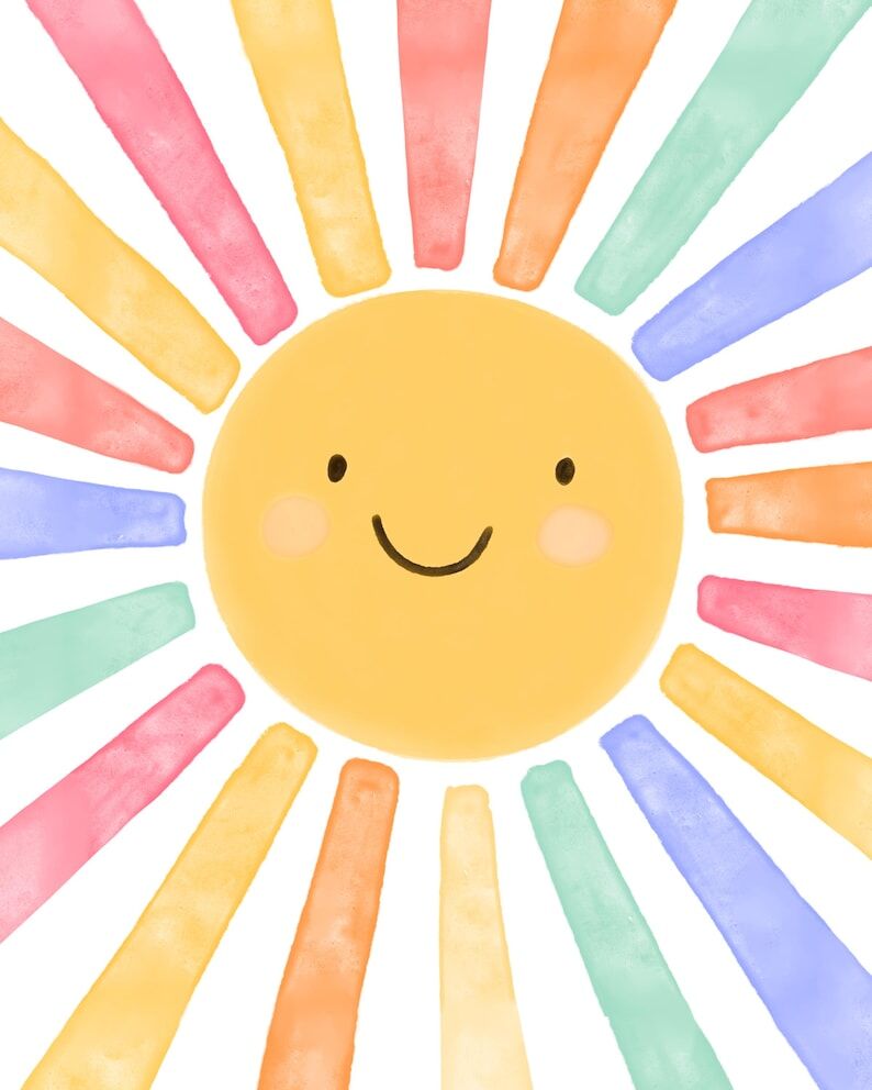 May include: A cheerful watercolor illustration of a smiling sun with a yellow face and colorful rays. The rays radiate outwards in shades of pink, yellow, orange, blue, and green, creating a vibrant and playful design.