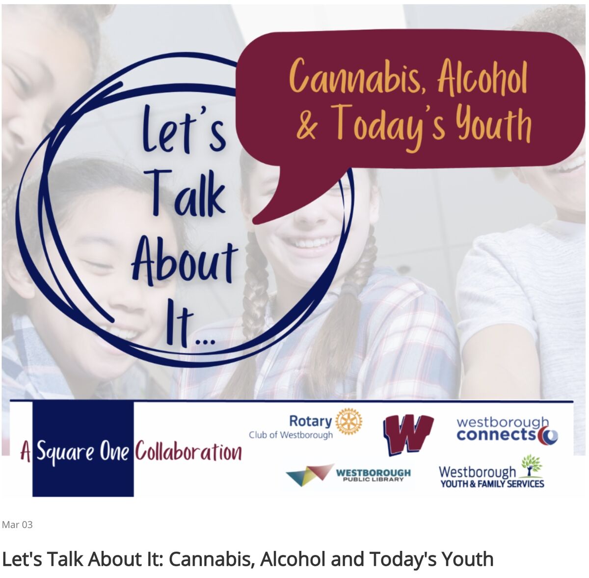 Graphic promoting a discussion titled 'Let's Talk About It: Cannabis, Alcohol & Today's Youth', featuring smiling young people.