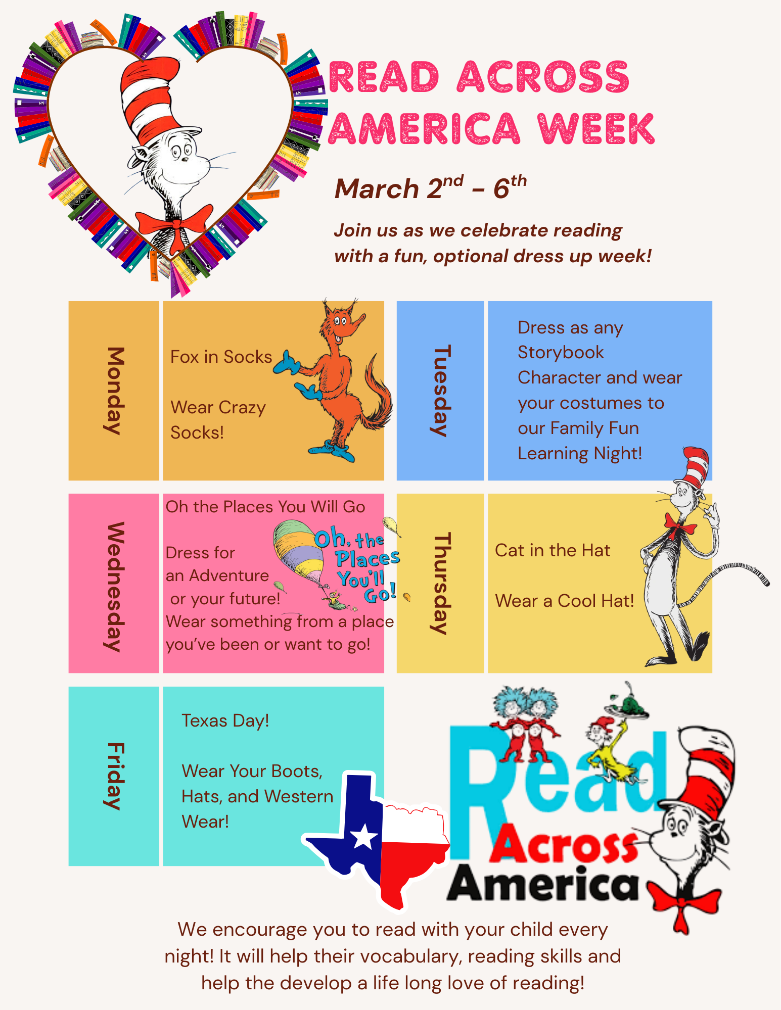 Poster for 'Read Across America Week' from March 2nd-6th, featuring Dr. Seuss characters and daily dress-up themes.