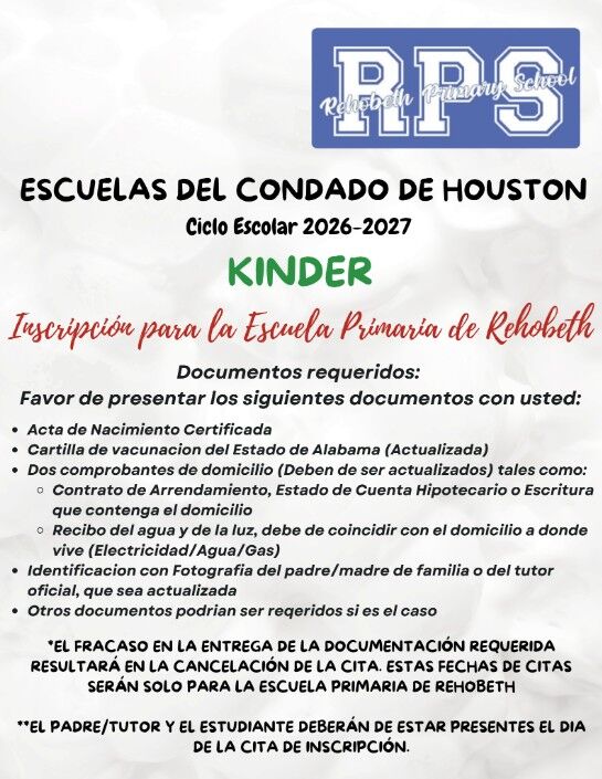 Information about Kinder enrollment for Rehobeth Primary School in Houston County for the 2026-2027 school year.
